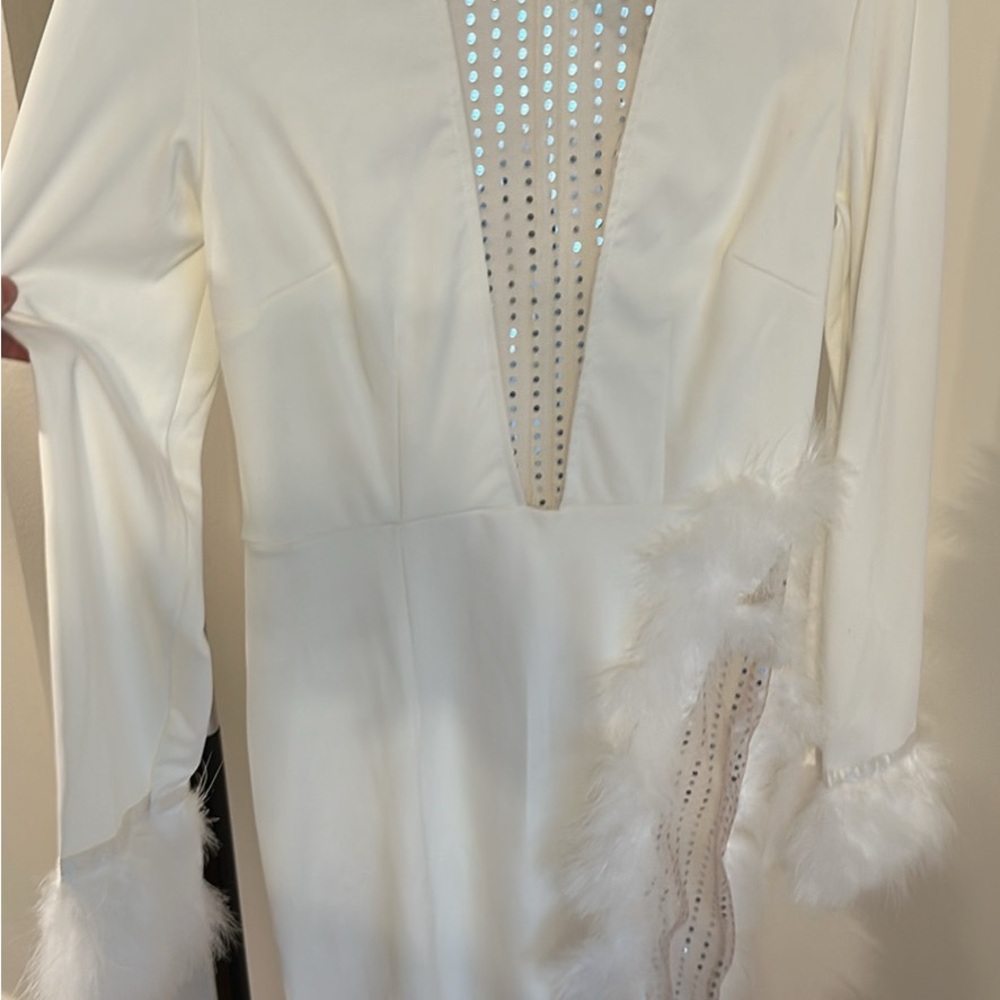 Bodycon White Dress with Feather and Sparkle Accents